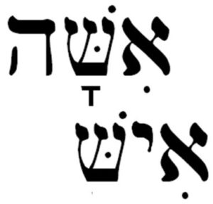 Die visuelle Symmetrie von Ischah (Frau) und Isch (Mann) im Hebräischen. Quelle: En-Gedi Resource Center