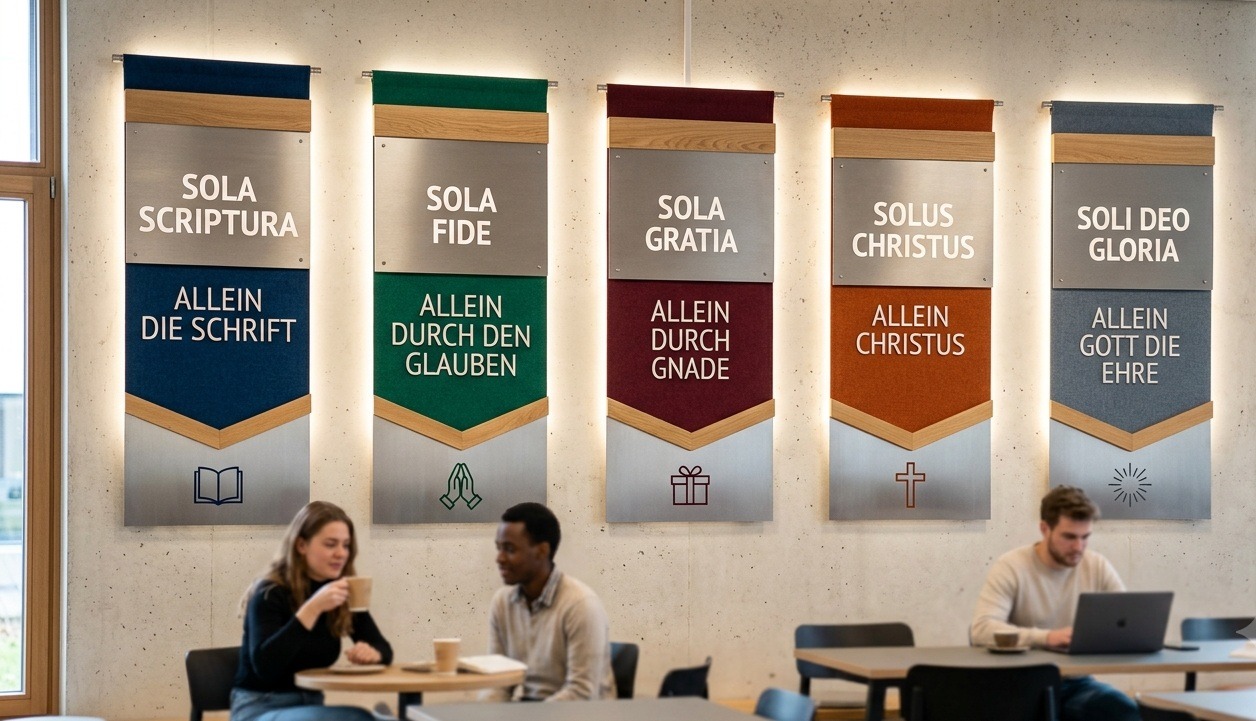 Entwicklung des Protestantismus mit Reformatorisches Motto: Sola Scriptura, Sola Fide, Sola Gratia, Solus Christus, Soli Deo Gloria